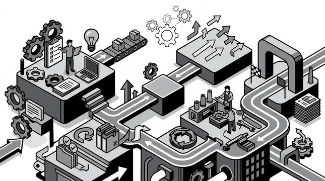 Isometric Business Workflow Illustration Featuring Industrial Process and Strategy