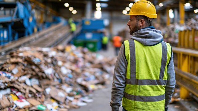 Worker in safety vest at recycling warehouse with sorted cardboard and conveyor lines