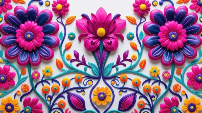 Colorful floral pattern with bright 3d flowers and decorative leaves