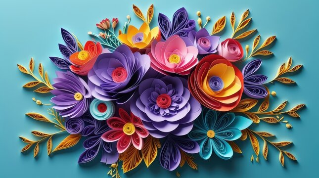 Colorful paper quilling flower bouquet on a soft blue background