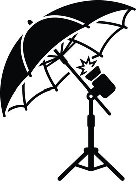 Black silhouette of a studio light with an umbrella and tripod stand, isolated on white background flash