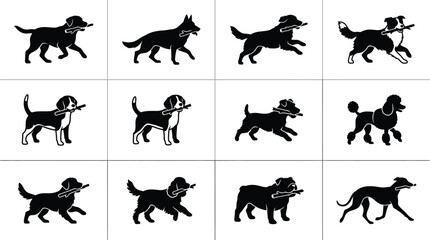 Set of 12 black dog breed silhouettes in a grid including Labrador, German Shepherd, Border Collie, Beagle, and Poodle, most carrying wooden sticks in their mouths on white background. © Tutorialxxx18