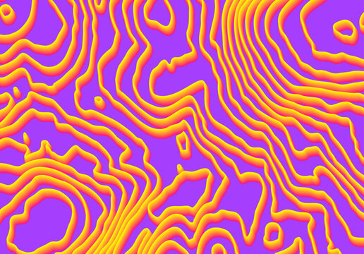 Vibrant orange and purple topographic contour line pattern with organic wavy maze texture design