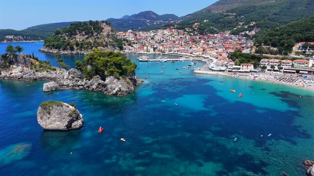 Parga Greek mainland town, aerial view of a mainland coastal town in Greece