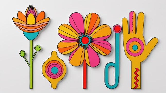 Colorful abstract flowers and hand shapes in a decorative boho style