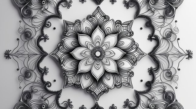 Black and white hand drawn floral mandala pattern design