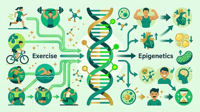 Exercise and human epigenetics infographic with dna helix