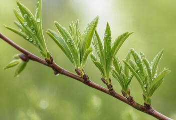 Obraz premium Fresh Green Tree Leaves on a Branch Close Up with Young Spring Foliage and New Plant Growth Isolated on White Background Macro Nature Botanical Detail