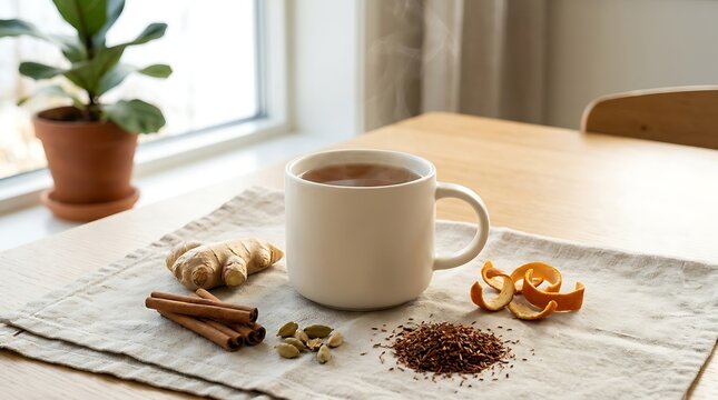 A green cup of hot herbal tea with cinnamon sticks and dried ginger on a wooden table. chai tea substitutes