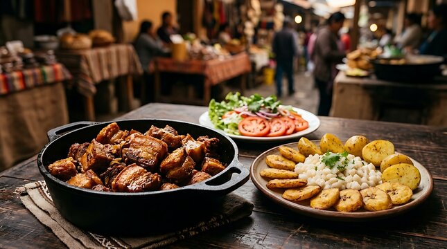 fritada in black cast iron pot, positioned in the lower left third on a dark rustic wood table