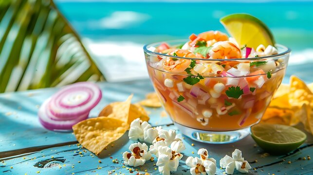  Ecuadorian ceviche in deep transparent glass bowl, positioned in the upper right third on a light beach wood table