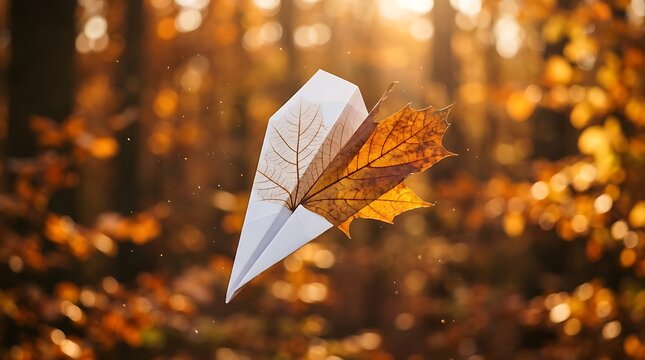 Paper airplane with autumn leaf wing flying in golden forest