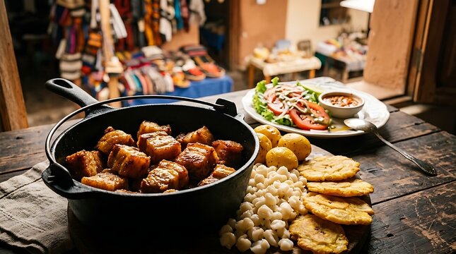 fritada in black cast iron pot, positioned in the lower left third on a dark rustic wood table