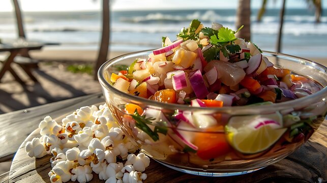  Ecuadorian ceviche in deep transparent glass bowl, positioned in the upper right third on a light beach wood table