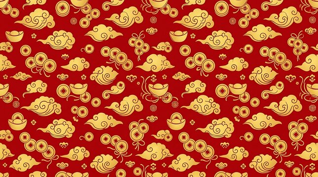 Traditional chinese seamless pattern with gold clouds and coins