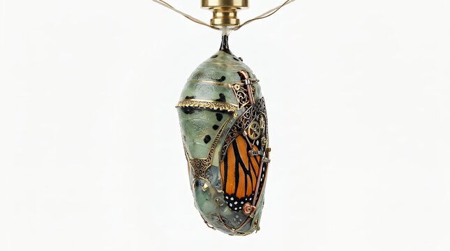 Monarch butterfly chrysalis hanging on white background in macro photography
