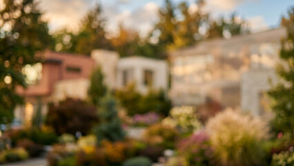 Fototapeta premium Modern residential houses and gardens are shown in an intentionally blurred style for real estate marketing, mortgage web banners, and presentation templates.