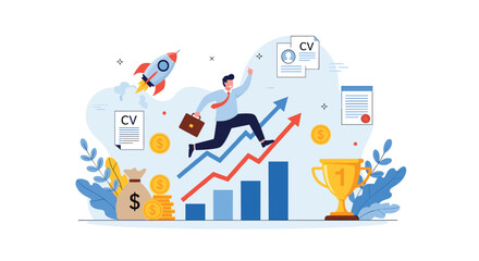 Naklejka premium Ambitious businessman jumping over obstacles towards career growth and success with professional icons in background.