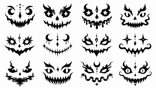 Set of Twelve Eerie Black Silhouette Jack O Lantern Faces for Halloween Decoration Designs