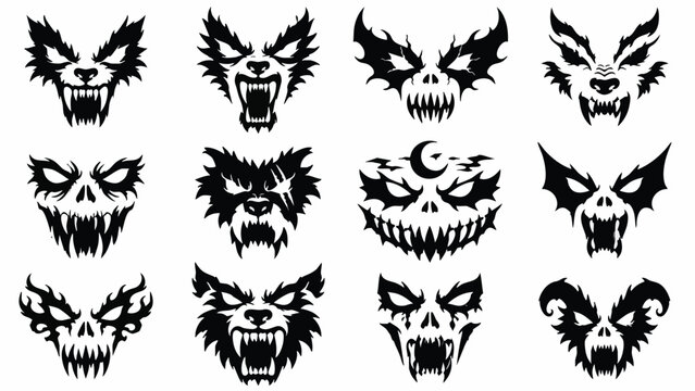 Set of Twelve Aggressive Monster and Beast Face Silhouettes for Dark Fantasy Design Elements