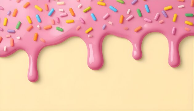 Pink sweet icing dripping with colorful sprinkles on yellow background