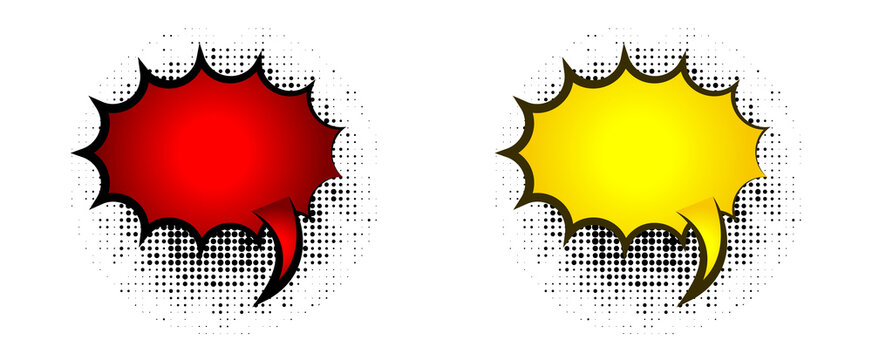Comic book speech bubbles in red and yellow with halftone effects for text and dialogue on white background transparent background