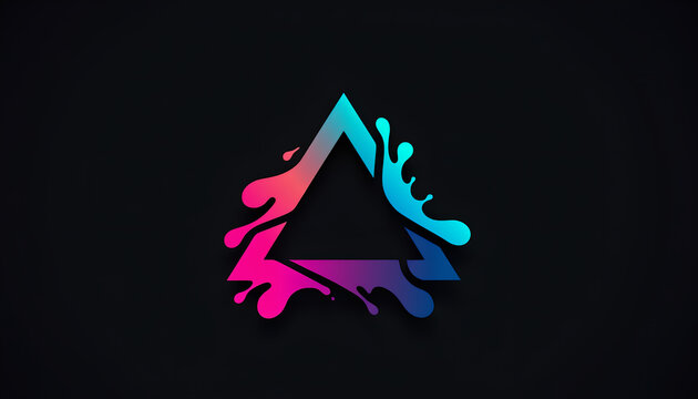Abstract triangle logo design with colorful liquid paint splash effect on dark background.
