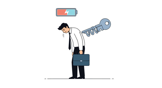 Exhausted businessman with a wind-up key in his back and a low battery icon above his head walks dejectedly after work.