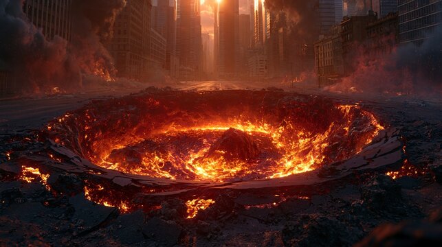 Fiery Portal to Hell Opening in a Modern City Street