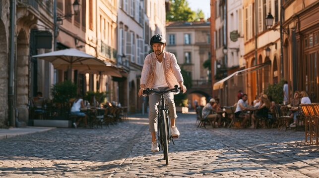 Man wearing a bicycle helmet riding along a scenic cobblestone street in a historic European town.Charming architecture, sunny weather, and an active travel lifestyle create an inspiring tourism scene