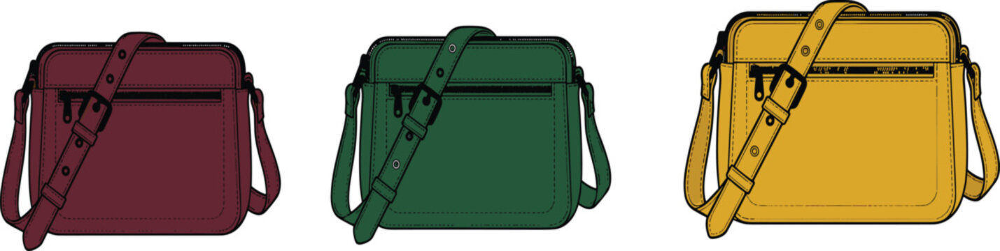 Technical fashion illustration of three colorful messenger bags with adjustable shoulder straps for product design