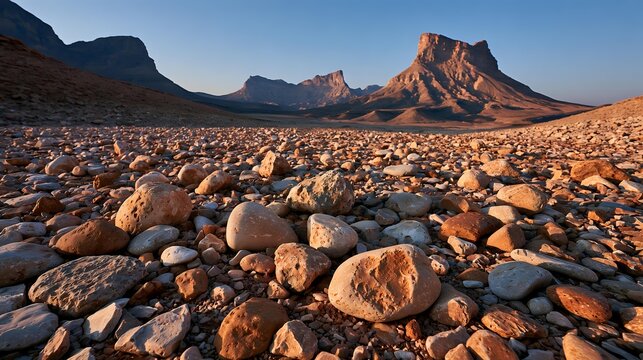 Desert pavement displaying beautifully sorted natural stones shaped through centuries of erosion beneath soft morning illumination premium earth science landscape