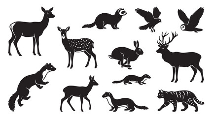 Fototapeta premium Collection of wild forest animals silhouettes deer fox badger rabbit weasel owl tiger.