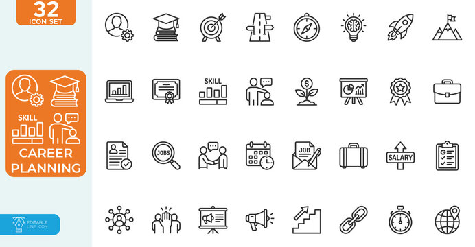 Career Planning Vector illustration line editable Icons set. action plan, Success Roadmap, Skill Development, Job Search, Coaching, and Business Leadership Concepts. on white background.