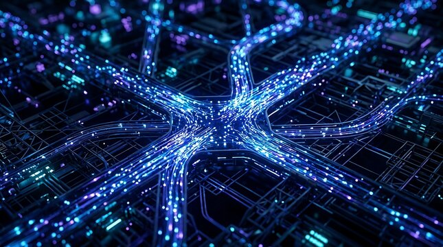 Futuristic digital network with glowing blue data streams