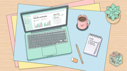 Obraz premium A clean, flat design illustration depicting a modern desktop workspace with essential items like a laptop and coffee cup, set against a subtle, layered paper background.