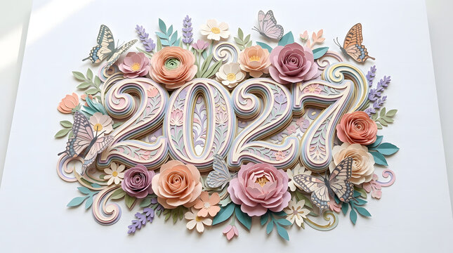 2027 Paper Cut Typography Happy New Year Modern Design 41