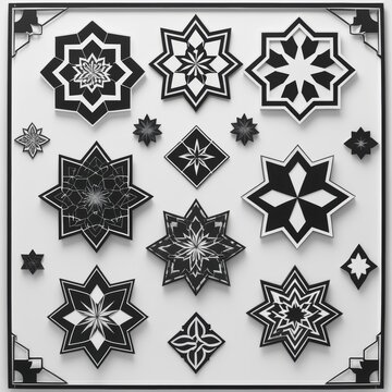 Set of black and white geometric star shapes and Islamic patterns