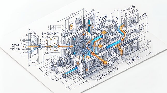 Technical Engineering Sketch of Complex Industrial Machinery in Isometric View