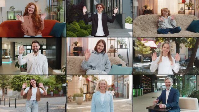 Collage of happy smiling people men women diverse gender different ages ethnicity waving hands friendly gesturing invitation hello, hi, creating welcoming vibe, hospitable expression. Conversation