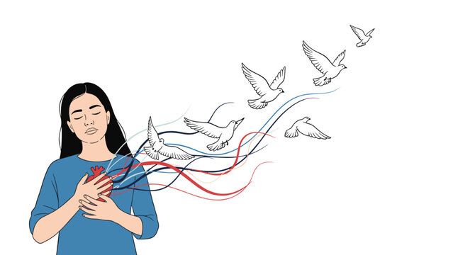 Woman holding her chest as white birds fly away from her heart symbolizing peace, freedom, and emotional release of the soul and spirit.