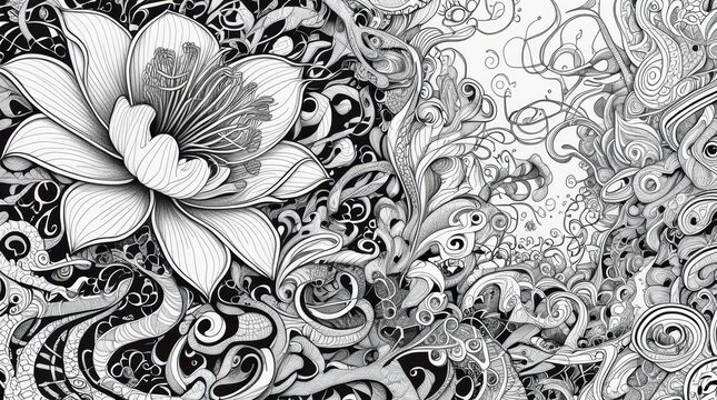 Black and white floral drawing with intricate hand drawn botanical patterns