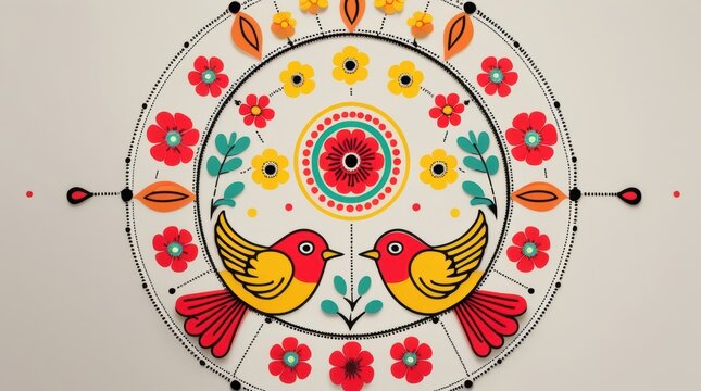 Colorful folk art illustration of two birds with flowers in a circle