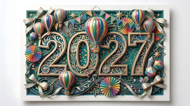 2027 Paper Cut Typography Happy New Year Modern Design 22