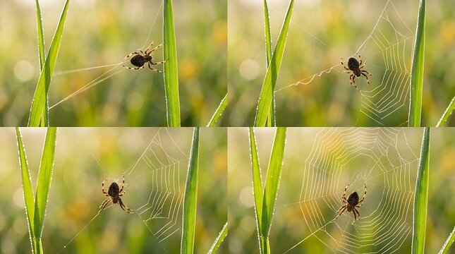 Sequence of an orb weaver spider spinning its web on grass blades