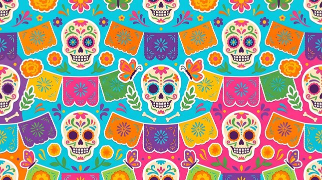 Vibrant day of the dead pattern with sugar skulls and banners