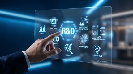 Fototapeta premium Futuristic Research and Development RD Digital Interface with Businessman Hand Touching Innovation Technology Dashboard