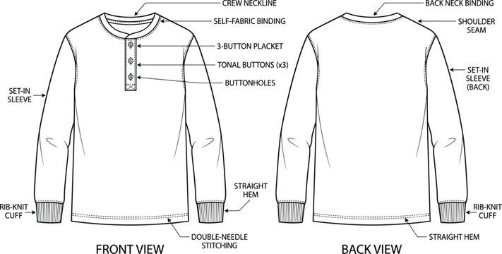 Technical fashion specification sheet for long sleeve henley shirt with annotated construction design details