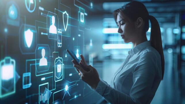 Employee monitors complex cybersecurity metrics on a glowing interactive wall while standing in a dark technical facility.