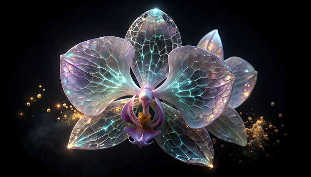 A beautiful glowing orchid flower with intricate bioluminescent veins isolated on a black background.